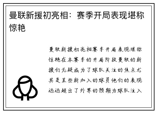曼联新援初亮相：赛季开局表现堪称惊艳