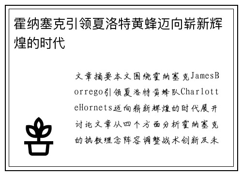霍纳塞克引领夏洛特黄蜂迈向崭新辉煌的时代